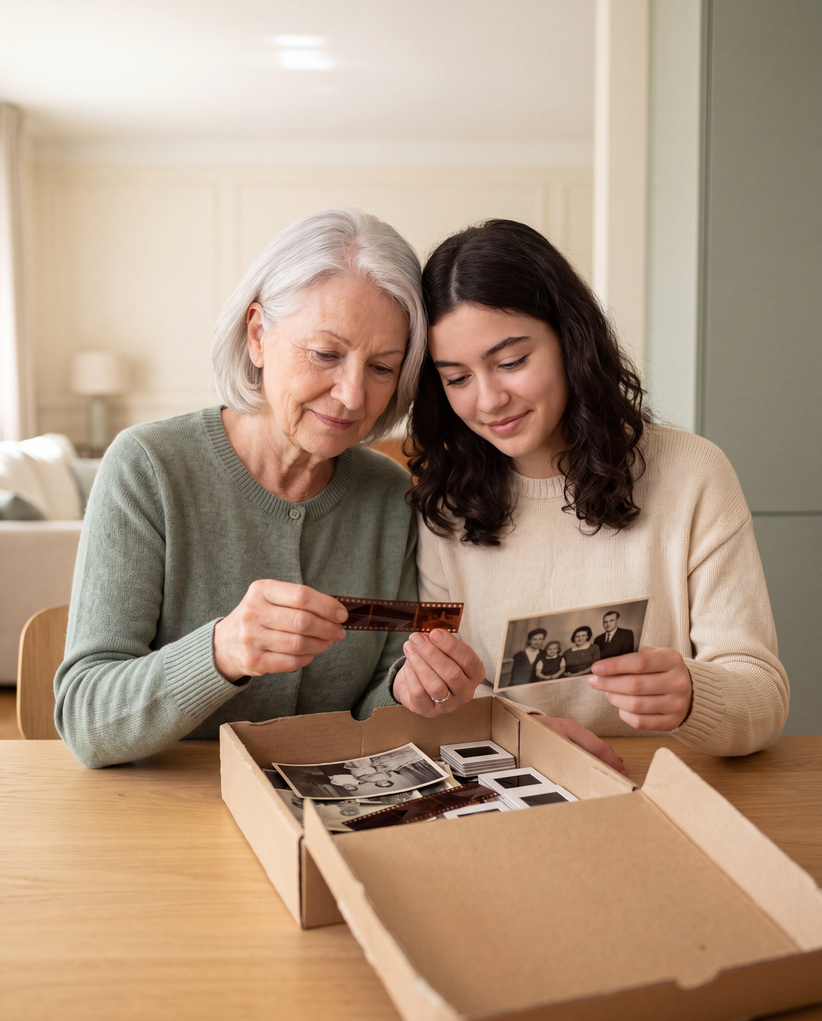 A family rediscovering old negatives and photographs together
