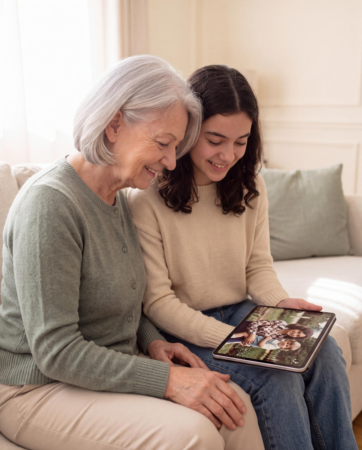 A grandmother and a young woman looking at digitized family memories together on a tablet
