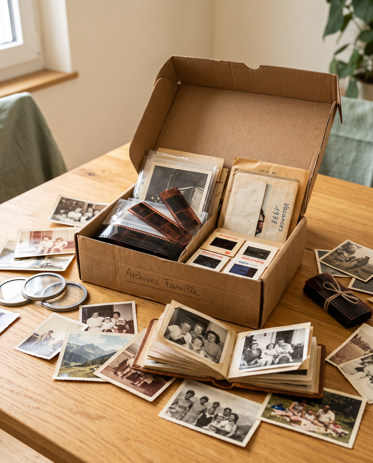 A box filled with family negatives, slides and old photographs
