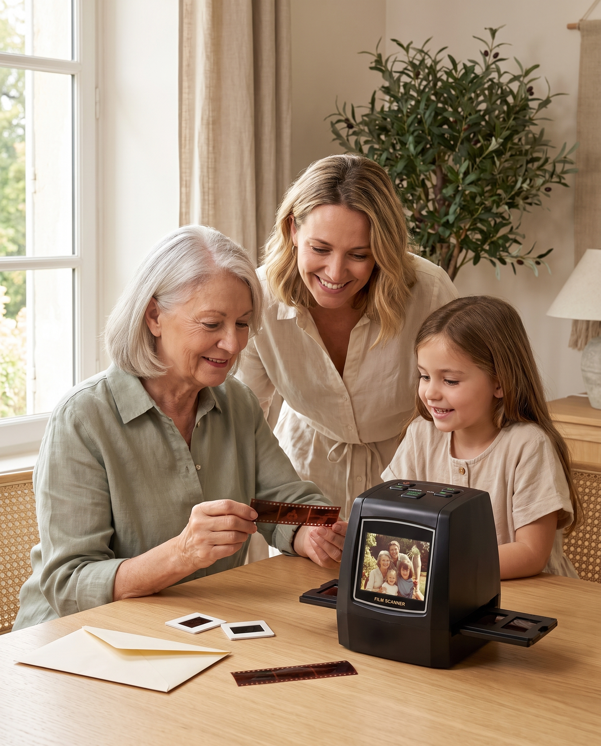 A family rediscovering old photographs together